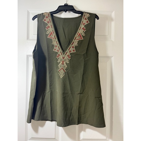 Unbranded Tops - Olive Green Sleeveless V-Neck Embroidered Boho Tunic Top Plus Size XXL